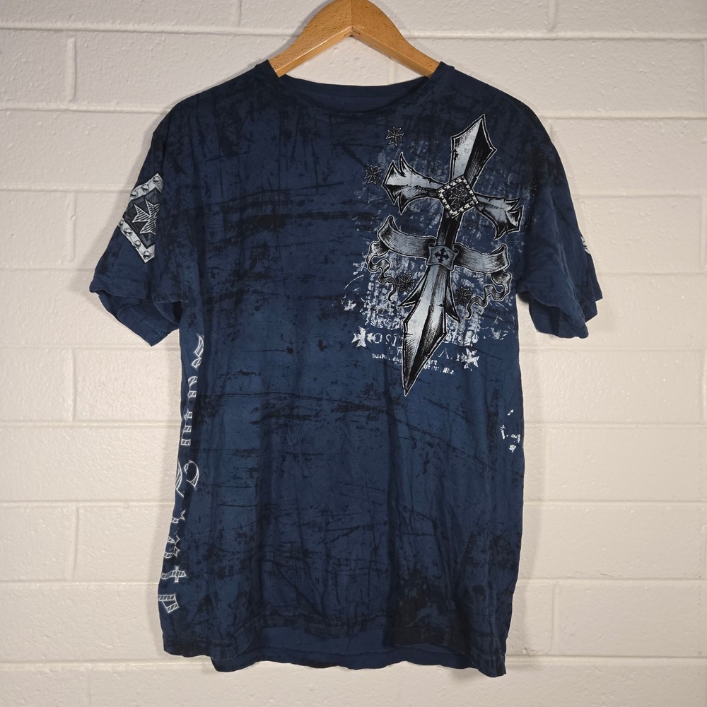 Raw State Y2K Blue Cross Wings Embroidered Shirt XL Biker Maga Biker Grunge Goth